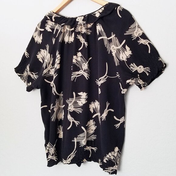 Joie Black Tan Beige Abstract Floral Ruffle 100% Silk Short Sleeve Blouse Top L - Picture 4 of 14